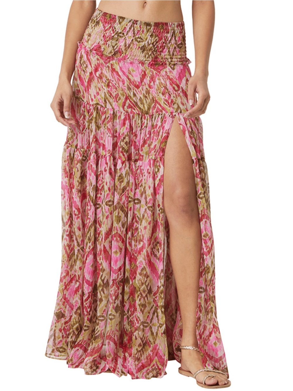 Misa Los Angeles Pink and Tan Ikat Maxi Skirt with High Side Slit